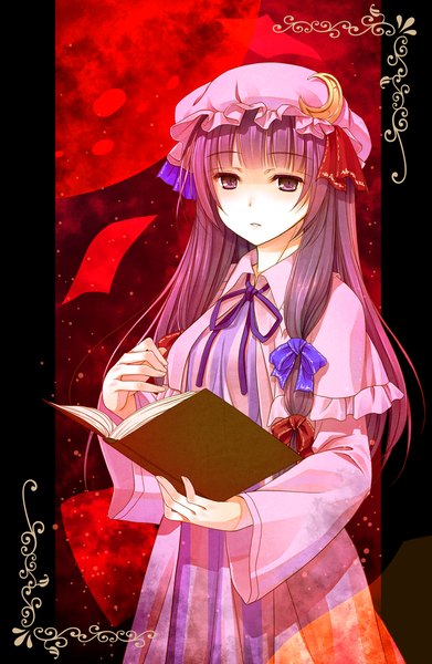 Anime picture 815x1250 with touhou patchouli knowledge crote single long hair tall image purple eyes purple hair red moon girl dress bow hair bow book (books) moon bonnet