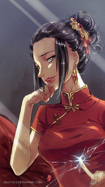 Anime picture 550x977 with avatar: the last airbender nickelodeon azula kelly1412 single tall image looking at viewer short hair breasts black hair traditional clothes lips short sleeves orange eyes chinese clothes girl earrings chinese dress