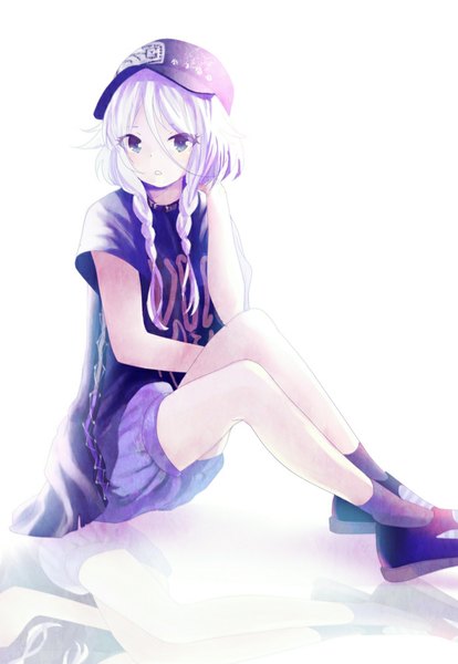 Anime picture 700x1014 with vocaloid ia (vocaloid) nonoharak single long hair tall image looking at viewer fringe blue eyes silver hair braid (braids) alternate costume legs twin braids reflection alternate hairstyle girl hat socks shorts
