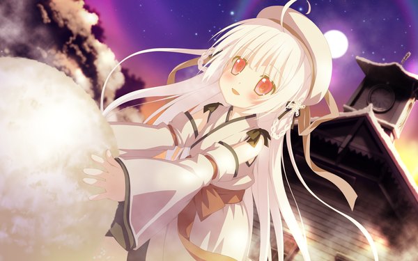 Anime picture 2048x1280 with astralair no shiroki towa yuuki (astralair no shiroki towa) single long hair blush highres open mouth game cg white hair pink eyes loli depth of field happy winter snow girl dress hair ornament detached sleeves star (stars)