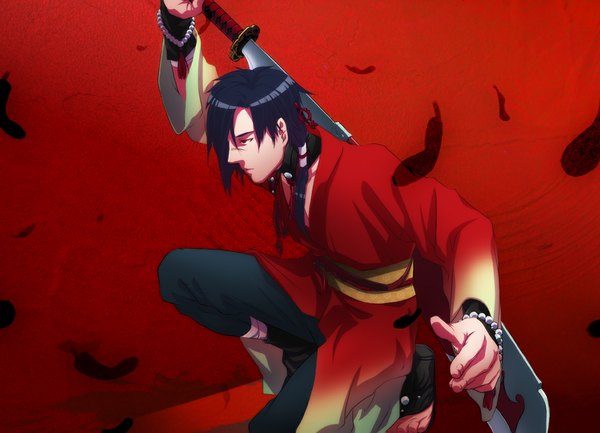 Anime picture 1192x862 with dramatical murder nitro+chiral koujaku single fringe short hair black hair traditional clothes hair over one eye scar red background boy weapon sword