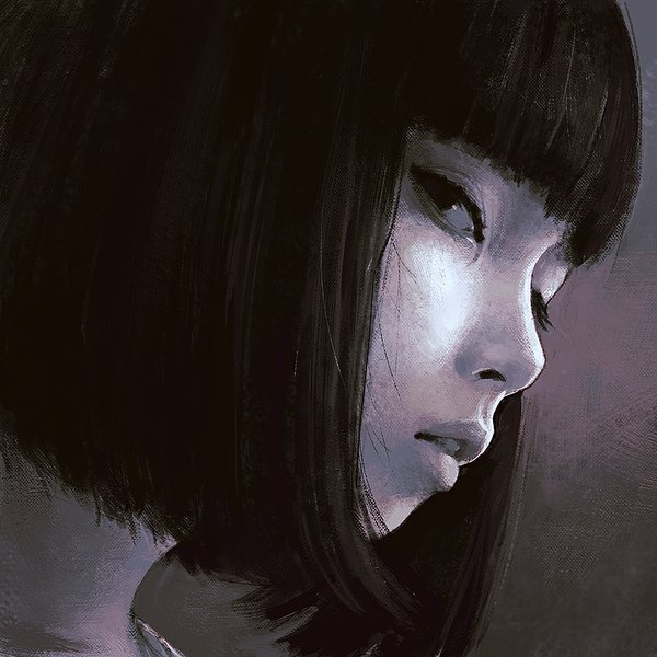 Anime picture 900x900 with original ilya kuvshinov single looking at viewer fringe short hair black hair parted lips profile realistic portrait dark background close-up face pale skin sketch girl