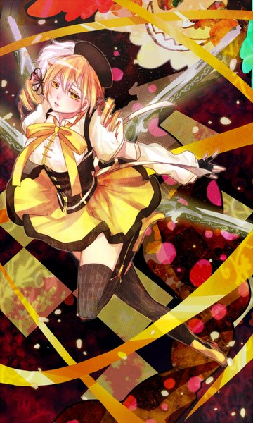 Anime picture 1200x2000 with mahou shoujo madoka magica shaft (studio) tomoe mami honyalala single tall image looking at viewer short hair blonde hair twintails yellow eyes drill hair short twintails checkered floor girl thighhighs fingerless gloves beret corset