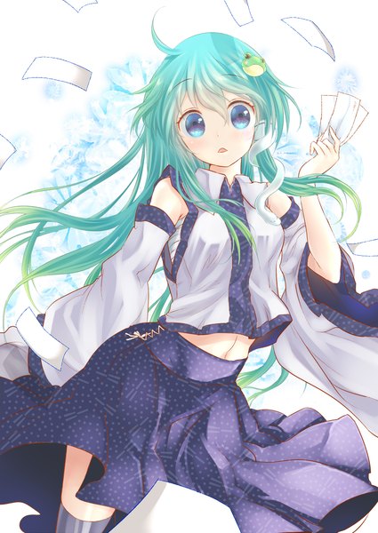 Anime picture 980x1384 with touhou kochiya sanae cube (maryquant) single long hair tall image looking at viewer blush highres open mouth aqua eyes aqua hair wide sleeves girl skirt navel hair ornament detached sleeves animal bandage (bandages)