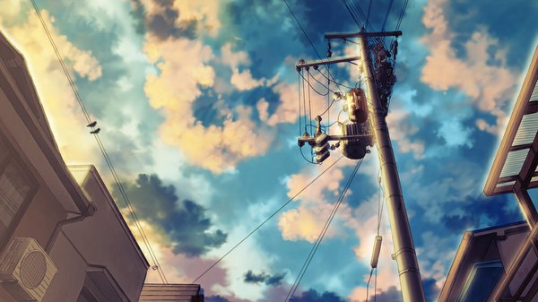 Anime picture 1000x562 with original amemura wide image sky cloud (clouds) from below no people animal bird (birds) building (buildings) wire (wires)