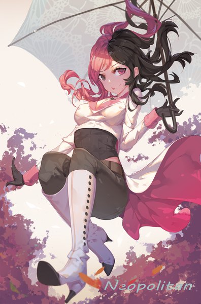 Anime picture 1458x2206 with rwby rooster teeth neopolitan (rwby) zetlice single long hair tall image black hair smile pink hair full body multicolored hair two-tone hair character names heterochromia girl gloves black gloves tongue umbrella
