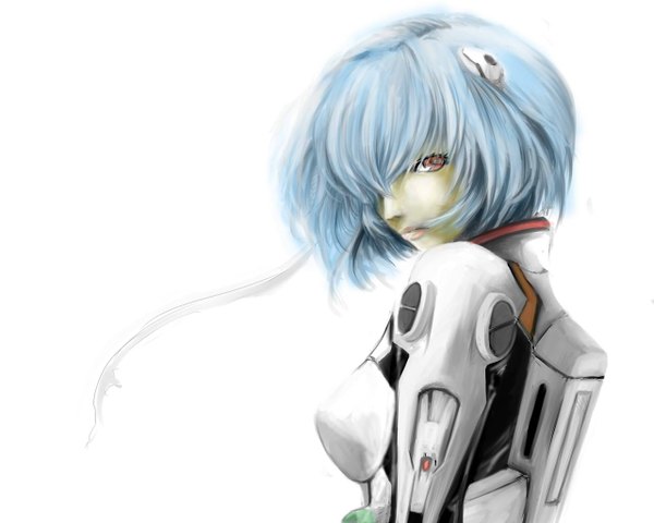 Anime picture 1280x1024 with neon genesis evangelion rebuild of evangelion gainax ayanami rei uramix (pixiv) single fringe short hair simple background red eyes white background purple hair lips hair over one eye realistic girl pilot suit