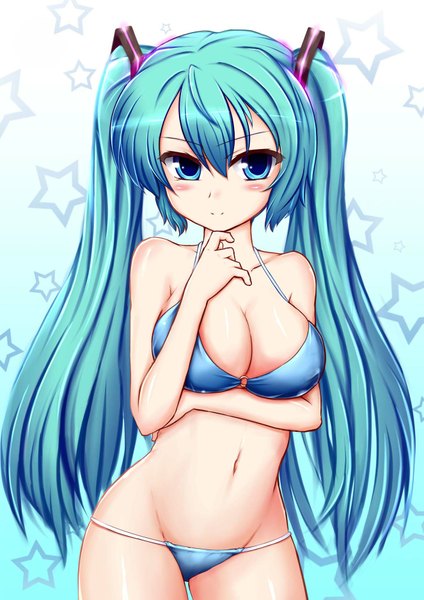 Anime picture 1326x1875 with vocaloid hatsune miku zheyi parker single long hair tall image blush breasts blue eyes light erotic large breasts twintails blue hair looking away light smile girl navel swimsuit bikini