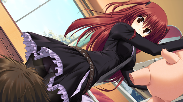 Anime picture 1024x576 with nekonade distortion nanakase yui long hair wide image twintails brown eyes game cg red hair short twintails girl belt