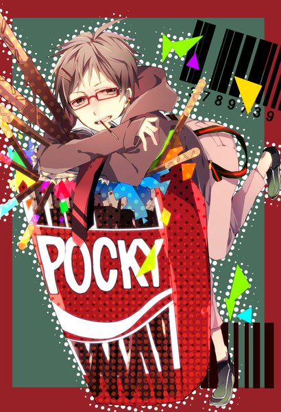 Anime picture 1300x1900 with original mihatarou single tall image short hair open mouth brown hair brown eyes looking away border boy hair ornament glasses sweets hood bobby pin candy pocky