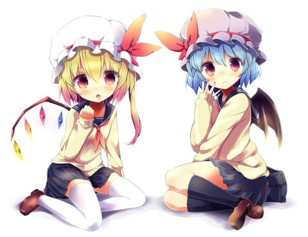 Anime picture 1300x1000 with touhou flandre scarlet remilia scarlet uta (kuroneko) long hair blush short hair breasts open mouth blonde hair red eyes white background sitting multiple girls blue hair looking away bent knee (knees) pleated skirt teeth fang (fangs)