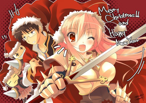 Anime picture 1500x1055 with ragnarok online tagme (character) lord knight emily (pure dream) long hair blush short hair open mouth black hair red eyes pink hair one eye closed wink black eyes fur trim girl boy sword armor fur