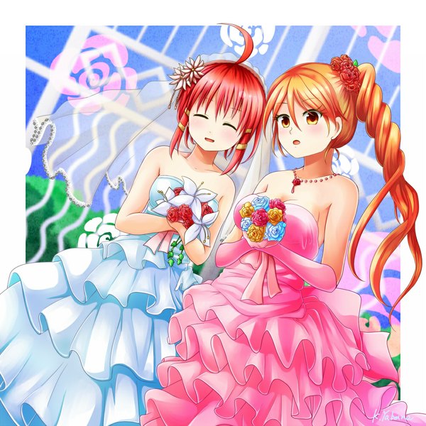 Anime picture 1000x1000 with original miyobane long hair short hair open mouth bare shoulders multiple girls ahoge ponytail red hair eyes closed orange hair orange eyes side ponytail girl dress gloves flower (flowers) 2 girls bouquet