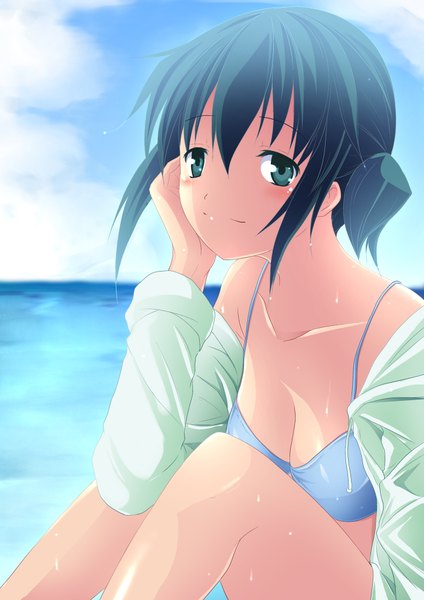 Anime picture 1406x1988 with hidamari sketch shaft (studio) nori borijoikun single tall image short hair black hair green eyes open clothes arm support open shirt girl swimsuit bikini