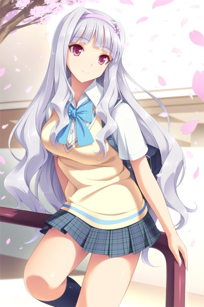 Anime picture 960x1440 with idolmaster shijou takane cygnus (artist) single long hair tall image fringe breasts smile large breasts sitting looking away silver hair bent knee (knees) outdoors head tilt pleated skirt pink eyes wind cherry blossoms