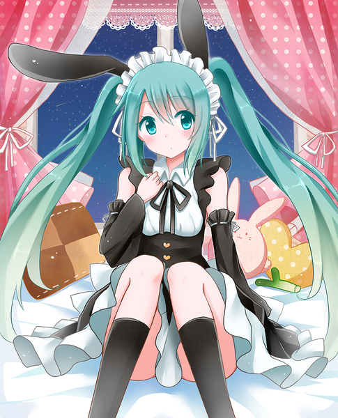 Anime picture 1000x1236 with vocaloid hatsune miku snowmi single tall image looking at viewer blush twintails very long hair aqua eyes aqua hair girl dress detached sleeves socks frills black socks