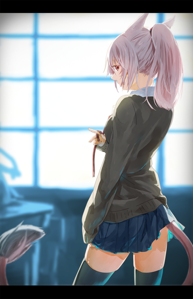 Anime picture 774x1200 with final fantasy final fantasy xiv square enix miqo'te lili mdoki single long hair tall image looking at viewer light erotic standing silver hair ponytail indoors long sleeves pleated skirt looking back zettai ryouiki girl skirt