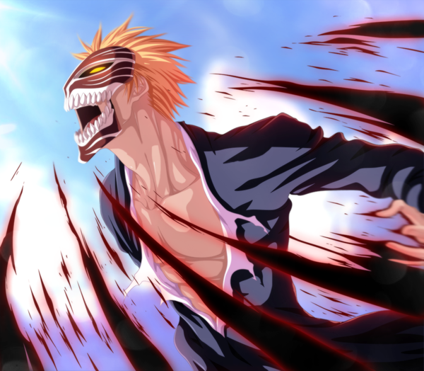 Anime picture 1050x917 with bleach studio pierrot kurosaki ichigo tremblax single short hair open mouth yellow eyes sky cloud (clouds) japanese clothes orange hair coloring torn clothes boy kimono blood mask