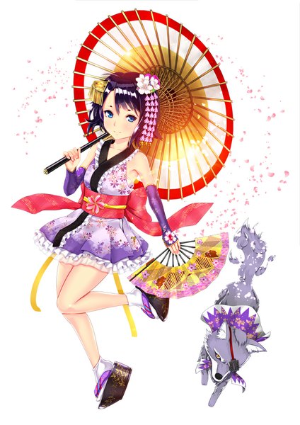 Anime picture 707x1000 with original infinote single tall image looking at viewer blush short hair blue eyes black hair traditional clothes japanese clothes hair flower floral print girl hair ornament flower (flowers) detached sleeves animal petals socks