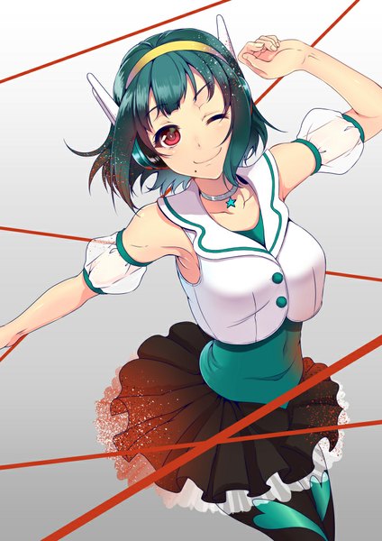 Anime picture 707x1000 with idolmaster otonashi kotori pochi (pochi-goya) single tall image looking at viewer short hair smile red eyes bare shoulders one eye closed green hair wink mole outstretched arm mole under mouth girl skirt pantyhose choker