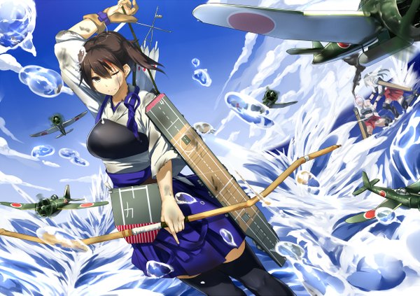 Anime picture 1227x867 with kantai collection kaga aircraft carrier shoukaku aircraft carrier zuikaku aircraft carrier muunyan (yumenekoya) looking at viewer fringe short hair brown hair holding brown eyes sky cloud (clouds) traditional clothes japanese clothes twisty sleeves battle dirty girl thighhighs
