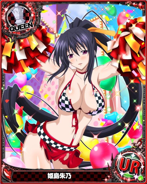 Anime picture 640x800 with highschool dxd himejima akeno single tall image looking at viewer blush breasts open mouth light erotic black hair large breasts purple eyes ponytail very long hair midriff torn clothes card (medium) cheerleader girl navel