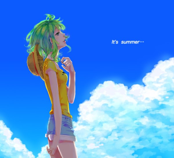 Anime picture 1200x1088 with vocaloid gumi uminmin single fringe short hair open mouth green eyes sky cloud (clouds) profile green hair lips alternate costume looking up scenic girl hat shorts t-shirt