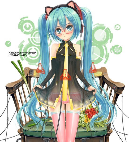 Anime picture 2128x2340 with vocaloid hatsune miku norita long hair tall image highres twintails animal ears cleavage aqua eyes cat ears aqua hair girl thighhighs detached sleeves glasses shorts headphones bouquet cat ear headphones