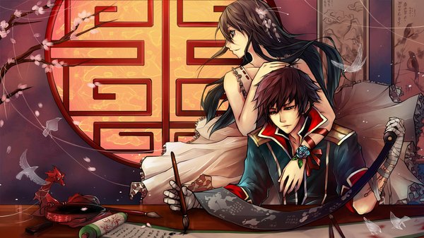 Anime picture 1192x671 with original mayrenne sun tory sun unodu long hair short hair black hair brown hair wide image looking away profile couple cherry blossoms hieroglyph drawing girl dress boy hair ornament flower (flowers)