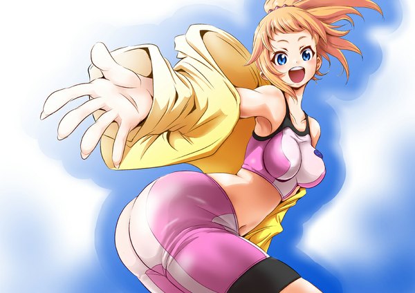 Anime picture 965x682 with mobile suit gundam gundam build fighters sunrise (studio) hoshino fumina mana12 single blush short hair breasts open mouth blue eyes light erotic blonde hair smile ass bare belly girl