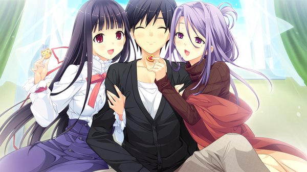Anime picture 1280x720 with kanojo to ore to koibito to mihagino ayano kozumi chikage marui (koedame) long hair short hair open mouth black hair red eyes wide image purple eyes multiple girls game cg purple hair eyes closed girl dress boy 2 girls cookie (cookies)