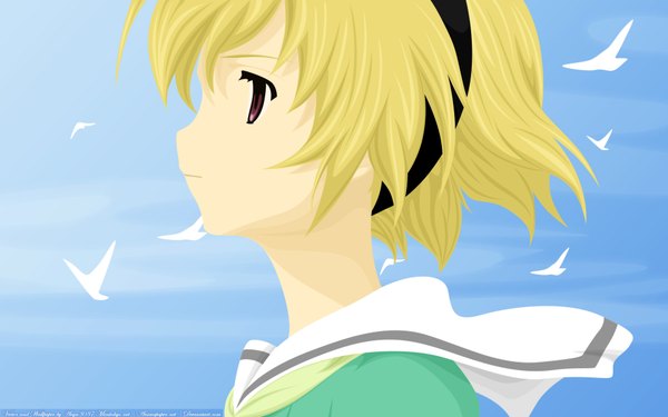 Anime picture 1920x1200 with higurashi no naku koro ni studio deen houjou satoko single highres short hair blonde hair red eyes wide image profile wind close-up sailor collar girl hair ornament animal hairband bird (birds) seagull