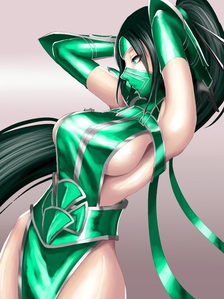Anime picture 1200x1600 with league of legends akali (league of legends) kumiko shiba single tall image breasts light erotic simple background large breasts standing green eyes ponytail very long hair green hair arched back girl gloves elbow gloves mask ninja