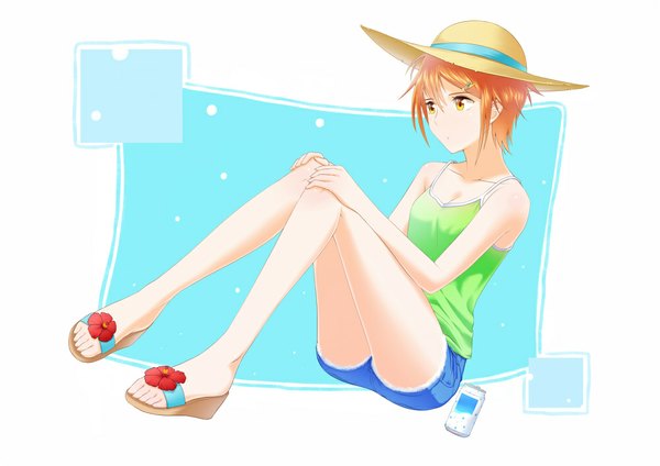 Anime picture 1000x707 with original exeweb single short hair bare shoulders orange hair orange eyes legs girl hat shorts sandals