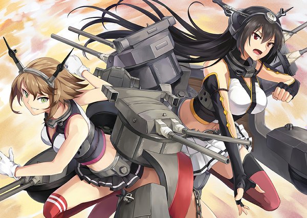 Anime picture 1000x710 with kantai collection nagato battleship mutsu battleship neko (yanshoujie) long hair looking at viewer short hair breasts open mouth black hair brown hair large breasts multiple girls brown eyes green eyes grin girl thighhighs skirt gloves