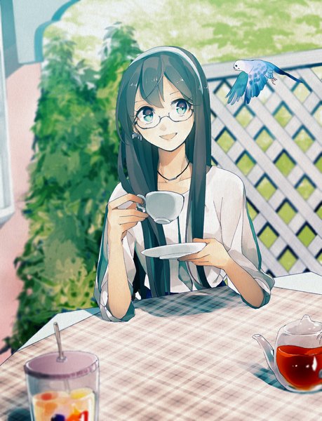 Anime picture 780x1020 with kantai collection ooyodo light cruiser sayori (artist) single long hair tall image fringe open mouth blue eyes black hair looking away casual girl plant (plants) animal tree (trees) choker glasses hairband bird (birds)