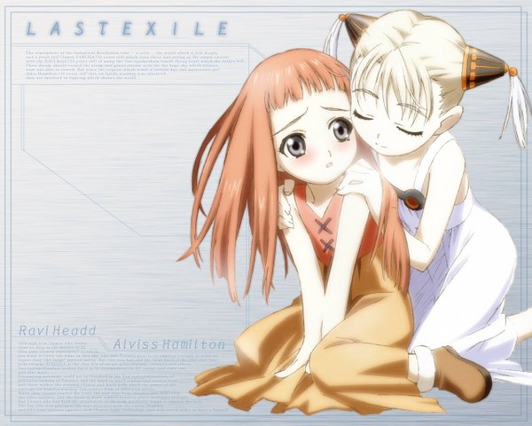 Anime picture 1280x1024 with last exile gonzo lavie head alvis hamilton range murata long hair blonde hair sitting multiple girls eyes closed parted lips orange hair grey eyes copyright name character names wariza third-party edit hand on shoulder girl dress