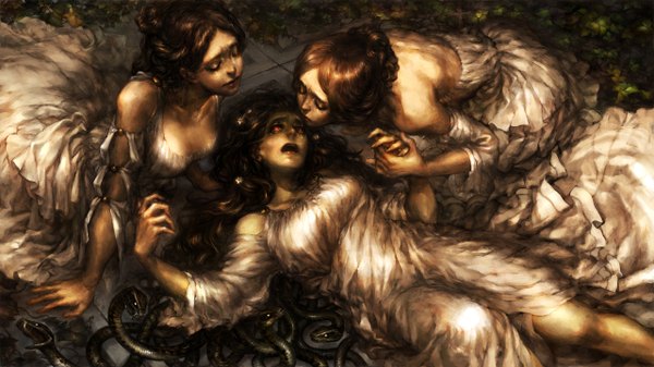 Anime picture 2560x1440 with dragon's crown vanillaware long hair highres breasts open mouth red eyes brown hair wide image large breasts sitting bare shoulders multiple girls lying hair flower holding hands face to face girl dress hair ornament