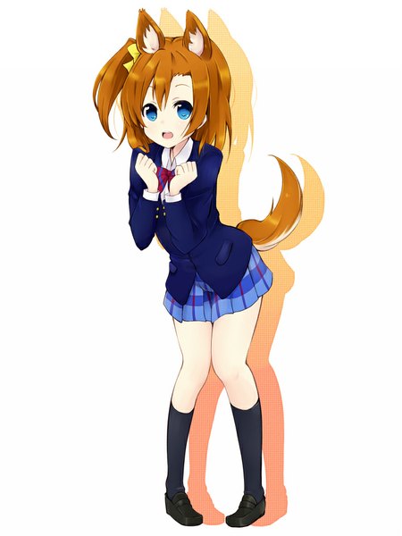 Anime picture 768x1024 with love live! school idol project sunrise (studio) love live! kousaka honoka amano kouki single tall image looking at viewer open mouth blue eyes simple background brown hair white background animal ears tail animal tail fox ears one side up fox tail fox girl
