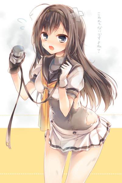 Anime picture 814x1218 with kantai collection akizuki destroyer komeshiro kasu single long hair tall image blush fringe open mouth brown hair looking away ahoge from above black eyes torn clothes text girl skirt gloves uniform