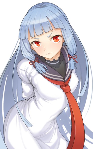Anime picture 900x1440 with kantai collection murakumo destroyer namago single long hair tall image looking at viewer blush fringe simple background red eyes white background silver hair blunt bangs from above embarrassed eyebrows hands behind back tress ribbon tsurime