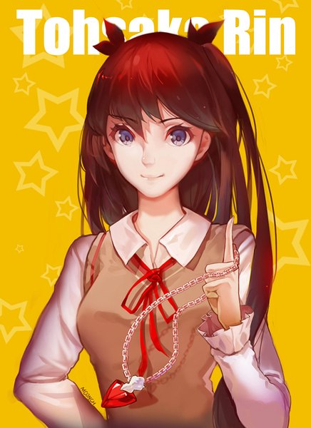 Anime picture 600x825 with fate (series) fate/stay night toosaka rin mconch single long hair tall image looking at viewer blue eyes simple background smile hair between eyes brown hair twintails signed upper body inscription character names hand on hip yellow background
