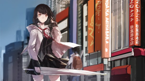 Anime picture 1814x1020 with akiba's trip fumizuki rui swd3e2 single looking at viewer highres short hair black hair wide image pink eyes city girl skirt weapon miniskirt sword jacket building (buildings)