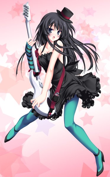 Anime picture 873x1407 with k-on! kyoto animation akiyama mio tenmaso single long hair tall image looking at viewer blush open mouth blue eyes black hair girl dress hat pantyhose guitar electric guitar