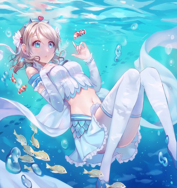 Anime picture 900x951 with love live! sunshine!! sunrise (studio) love live! watanabe you lino chang single tall image blush fringe short hair breasts open mouth blue eyes blonde hair hair between eyes bare shoulders looking away bent knee (knees) pleated skirt bare belly