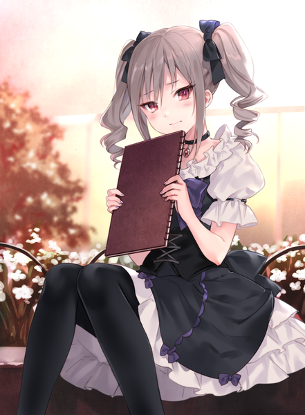 Anime picture 736x1000 with idolmaster idolmaster cinderella girls kanzaki ranko fukahire (ruinon) single long hair tall image looking at viewer blush fringe sitting holding silver hair bent knee (knees) pink eyes sunlight embarrassed puffy sleeves drill hair lacing
