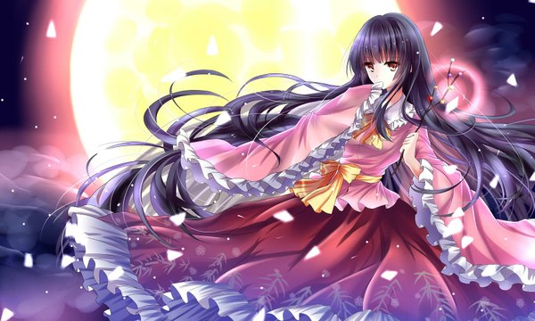 Anime picture 1615x970 with touhou houraisan kaguya hysteria single long hair looking at viewer black hair red eyes wide image girl dress petals frills moon branch