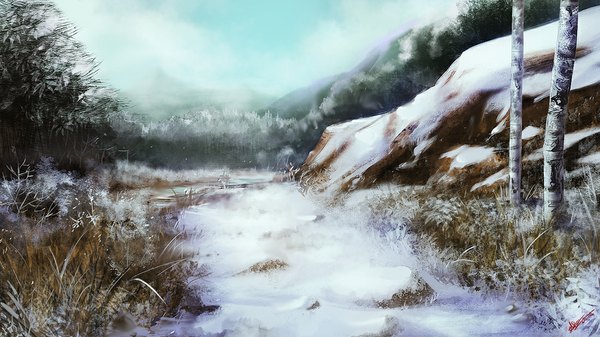 Anime picture 1100x619 with eliz7 wide image signed sky snow no people landscape nature rock plant (plants) tree (trees) grass forest