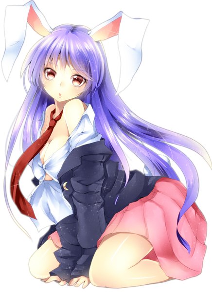 Anime picture 1500x2064 with touhou reisen udongein inaba tsukiriran nikka (cryptomeria) single long hair tall image looking at viewer light erotic simple background red eyes white background purple hair bunny ears girl skirt miniskirt necktie