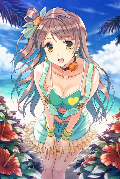 Anime picture 650x967 with love live! school idol project sunrise (studio) love live! minami kotori kichiroku single long hair tall image looking at viewer fringe breasts open mouth smile large breasts standing sky cleavage cloud (clouds) outdoors pleated skirt